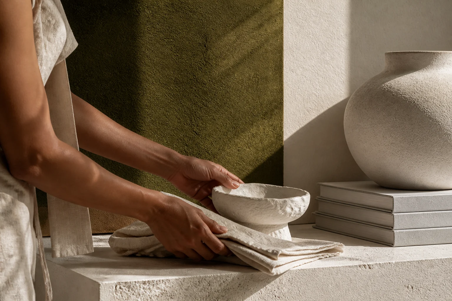 Composição de decoração em tons naturais com objetos e tecidos