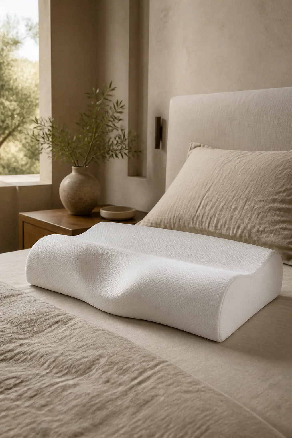 Travesseiro cervical ergonômico com formato ondulado em quarto neutro