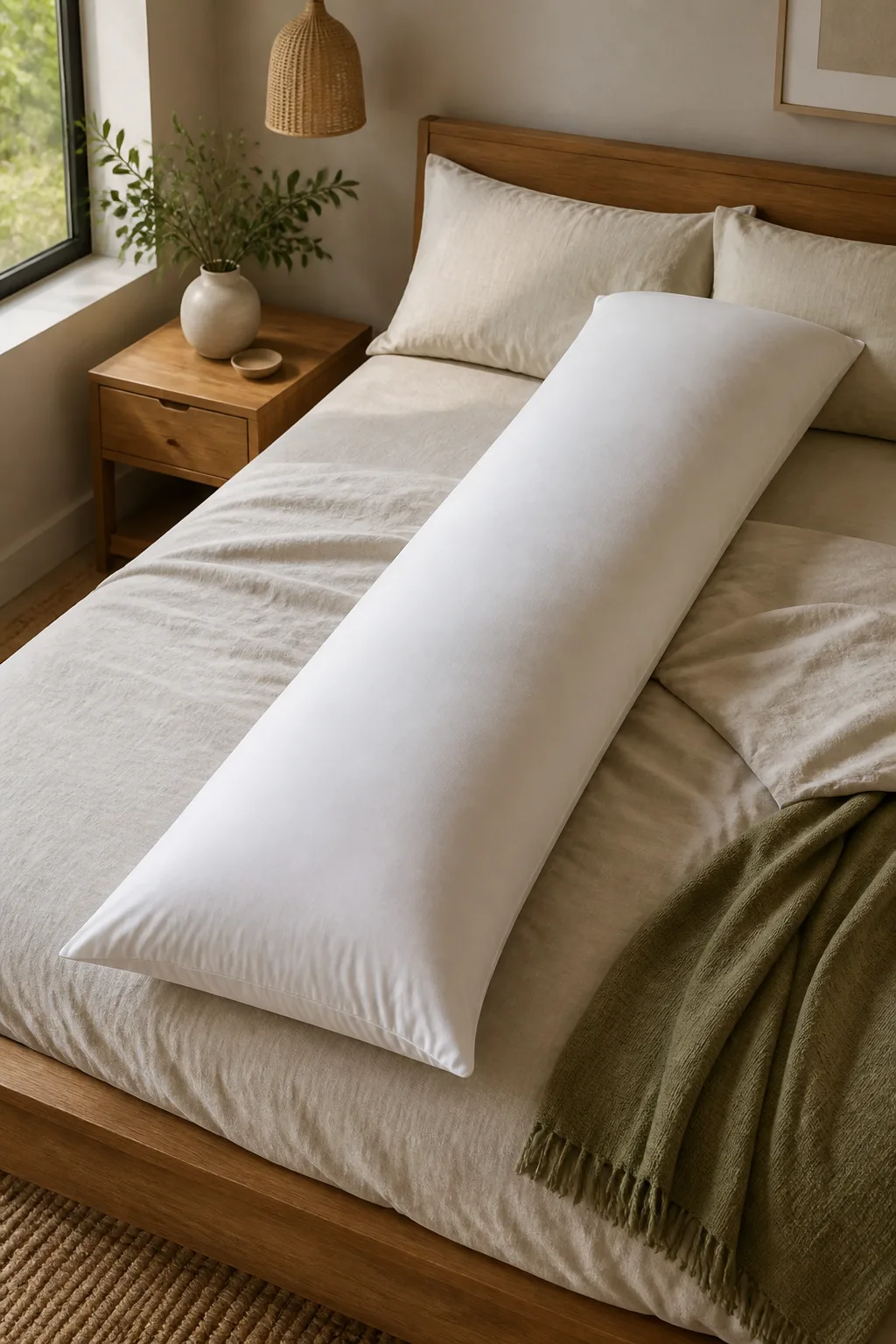 Travesseiro de corpo branco e alongado disposto por toda a extensão da cama