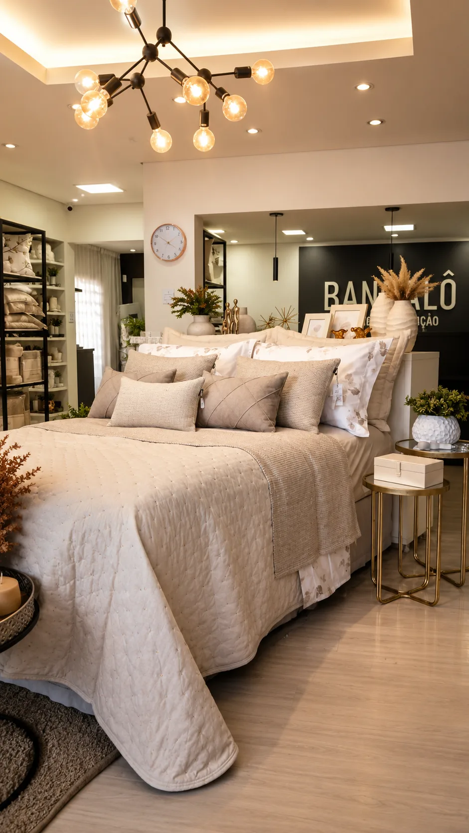 Cama completa com jogo de cama e almofadas na Bangalô